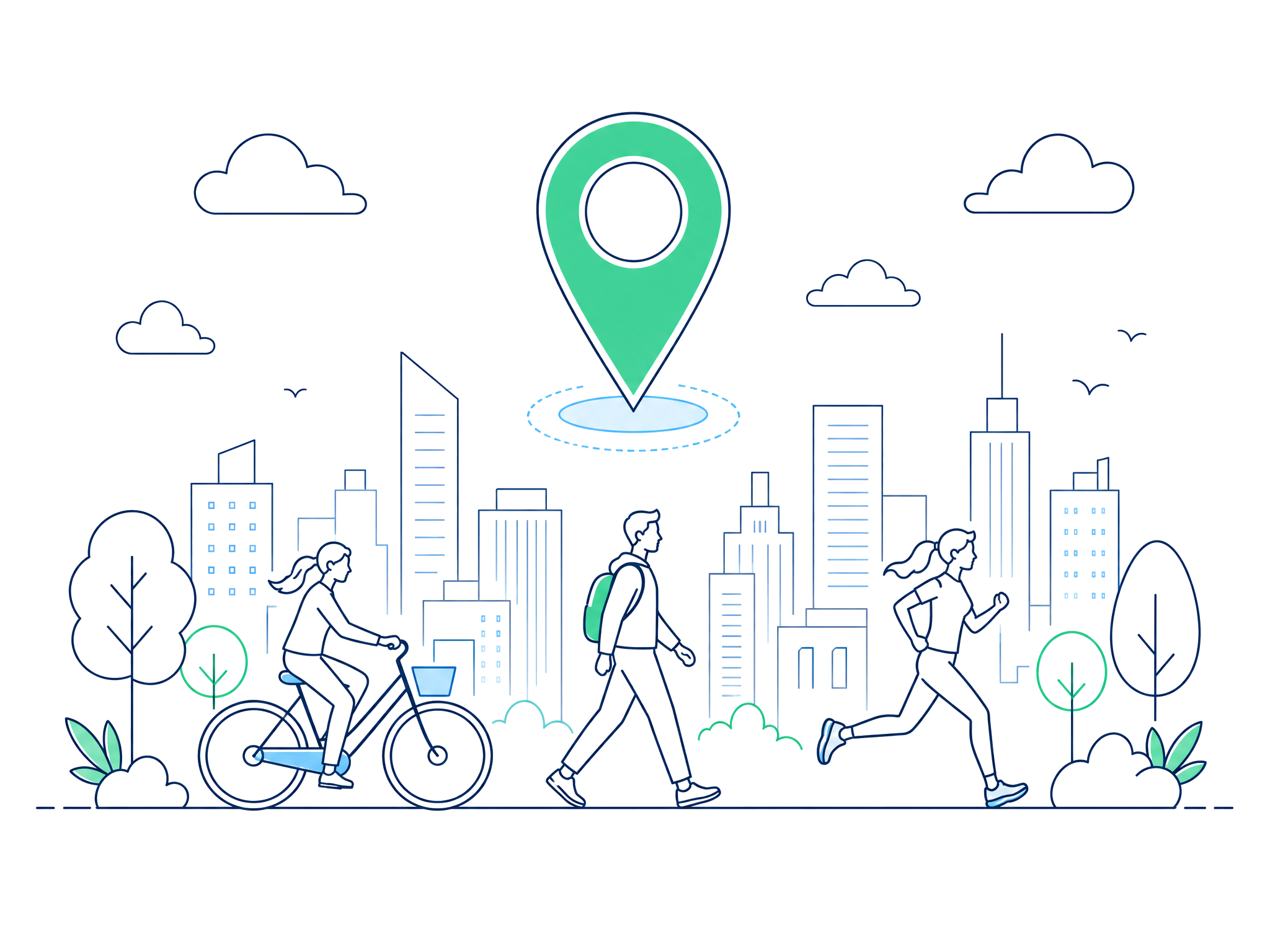 People cycling, walking and running through a clean city with a location pin